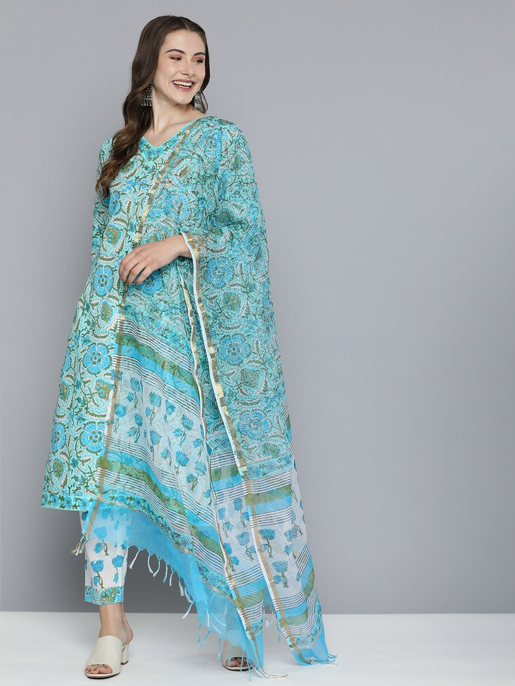 HERE&NOW Floral Printed Regular Pure Cotton Kurta with Trousers & With Dupatta | Grocsy