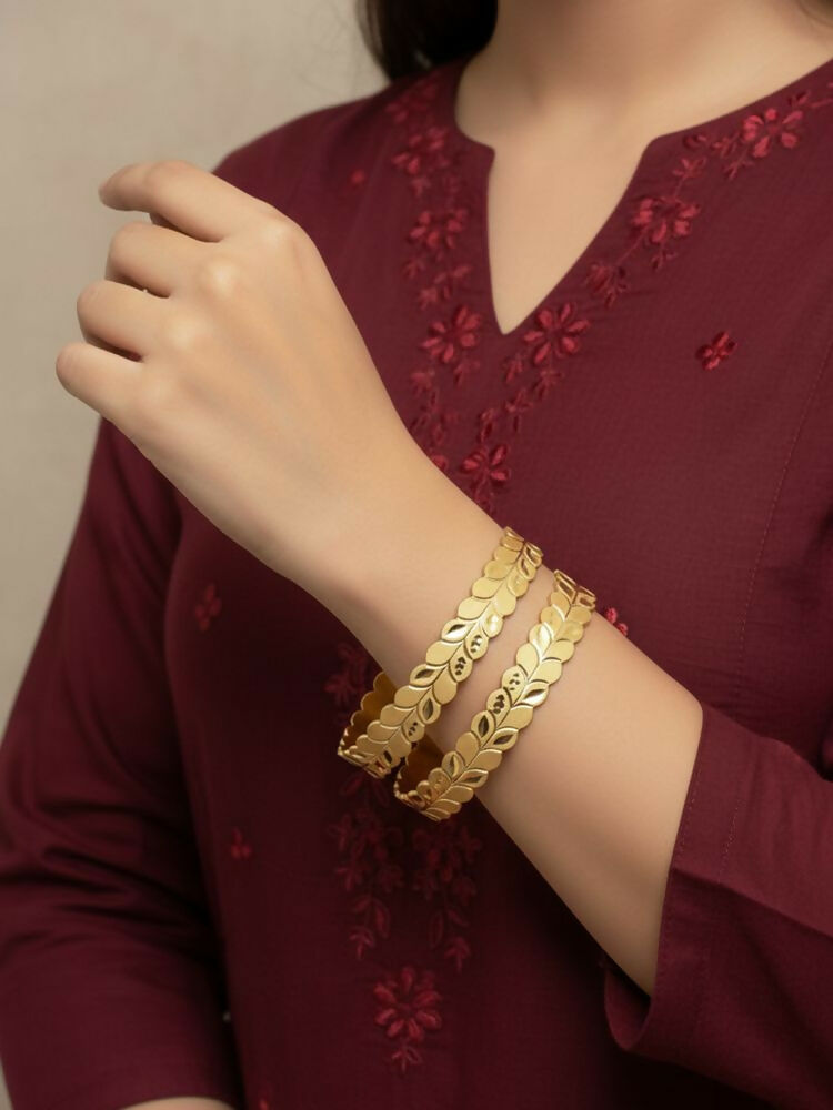 NVR Women Set of 2 Leaf Design Gold Plated Kada Bangle | Grocsy