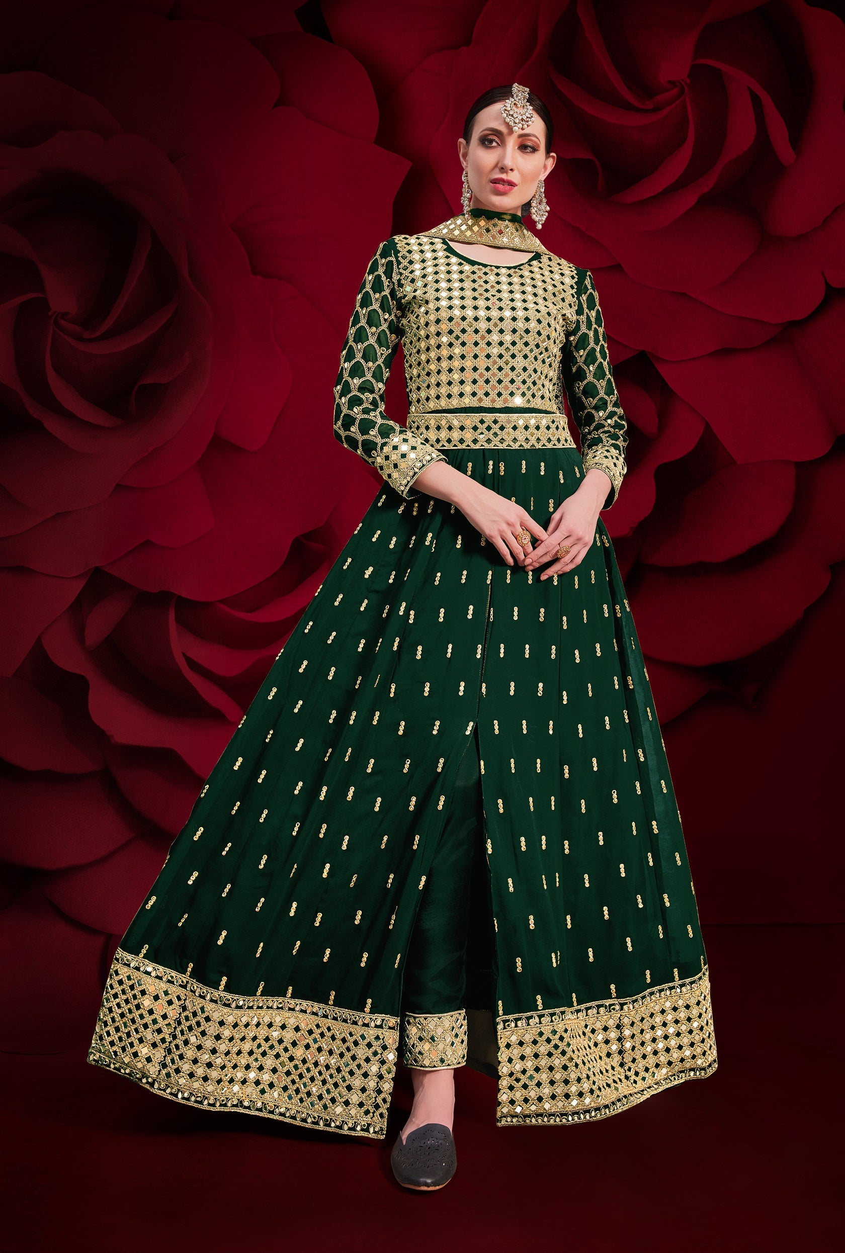 Monjolika Fashion Dark Green Color Georgette Festival Anarkali Salwar Suit | Grocsy