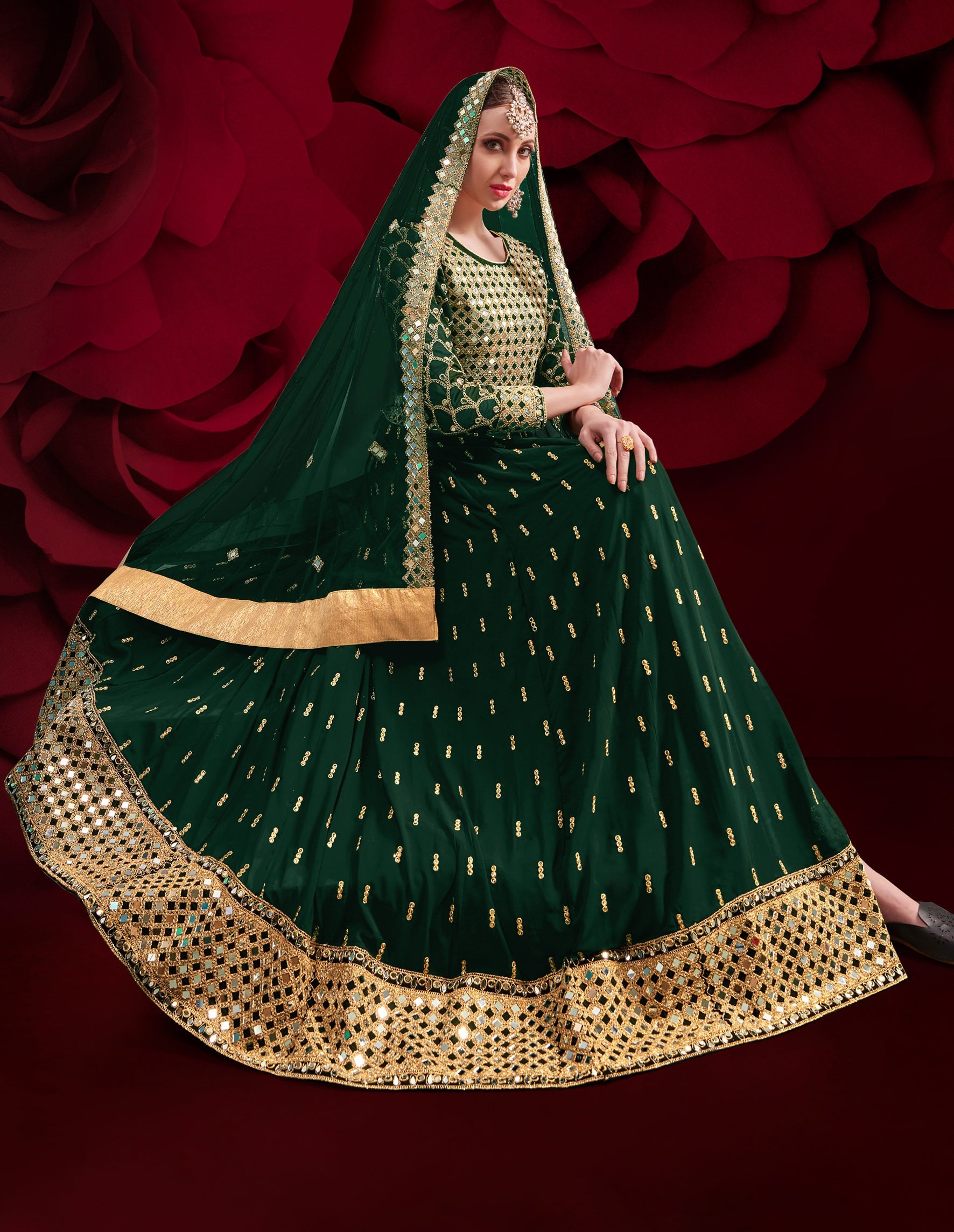 Monjolika Fashion Dark Green Color Georgette Festival Anarkali Salwar Suit | Grocsy