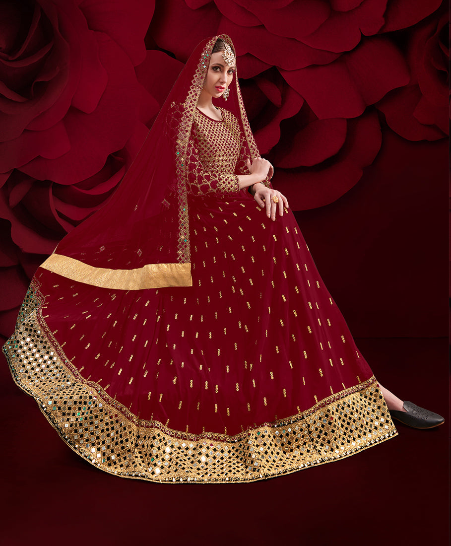Monjolika Fashion Red Color Georgette Festival Anarkali Salwar Suit | Grocsy