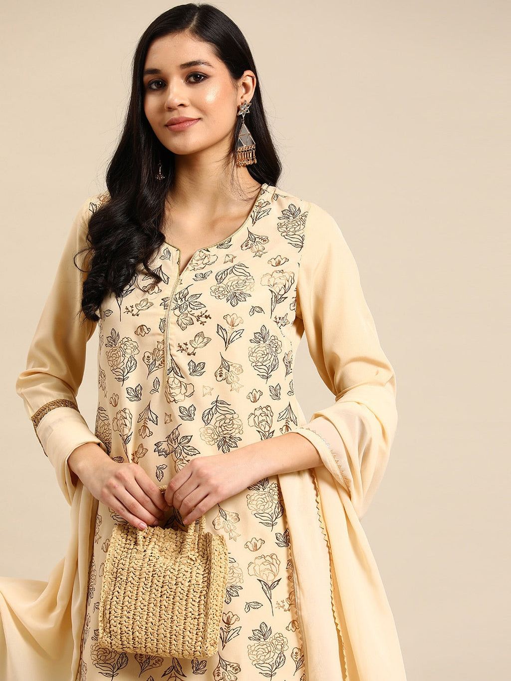 Sangria Floral Printed Lace Detail Kurta with Palazzos & Dupatta | Grocsy