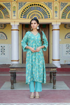Vaasva Women Aqua Muslin Pleated Kurta & Pant Clothing Set | Grocsy