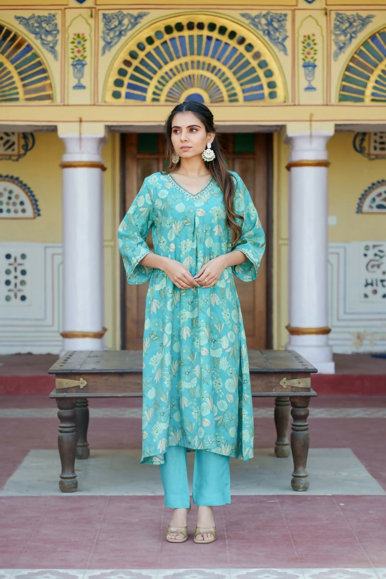 Vaasva Women Aqua Muslin Pleated Kurta & Pant Clothing Set | Grocsy