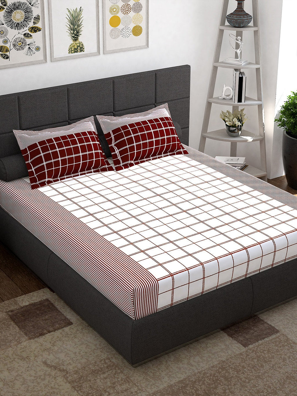 Story@home Maroon & White Geometric 152 TC Queen Bedsheet with 2 Pillow Covers | Grocsy