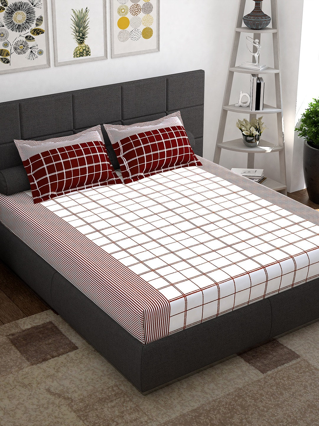 Story@home Maroon & White Geometric 152 TC Queen Bedsheet with 2 Pillow Covers | Grocsy