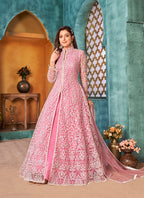 Monjolika Fashion Pink Color Net Designer Floor Length Suit | Grocsy