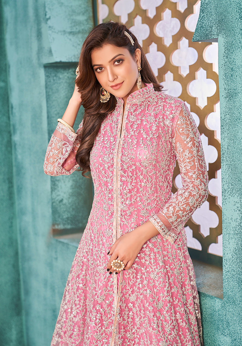 Monjolika Fashion Pink Color Net Designer Floor Length Suit | Grocsy