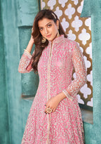 Monjolika Fashion Pink Color Net Designer Floor Length Suit | Grocsy