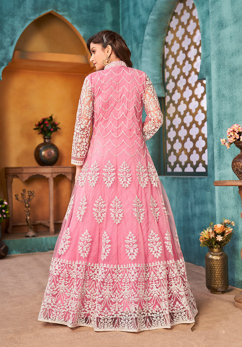 Monjolika Fashion Pink Color Net Designer Floor Length Suit | Grocsy