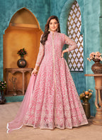 Monjolika Fashion Pink Color Net Designer Floor Length Suit | Grocsy