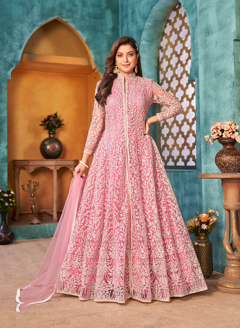 Monjolika Fashion Pink Color Net Designer Floor Length Suit | Grocsy