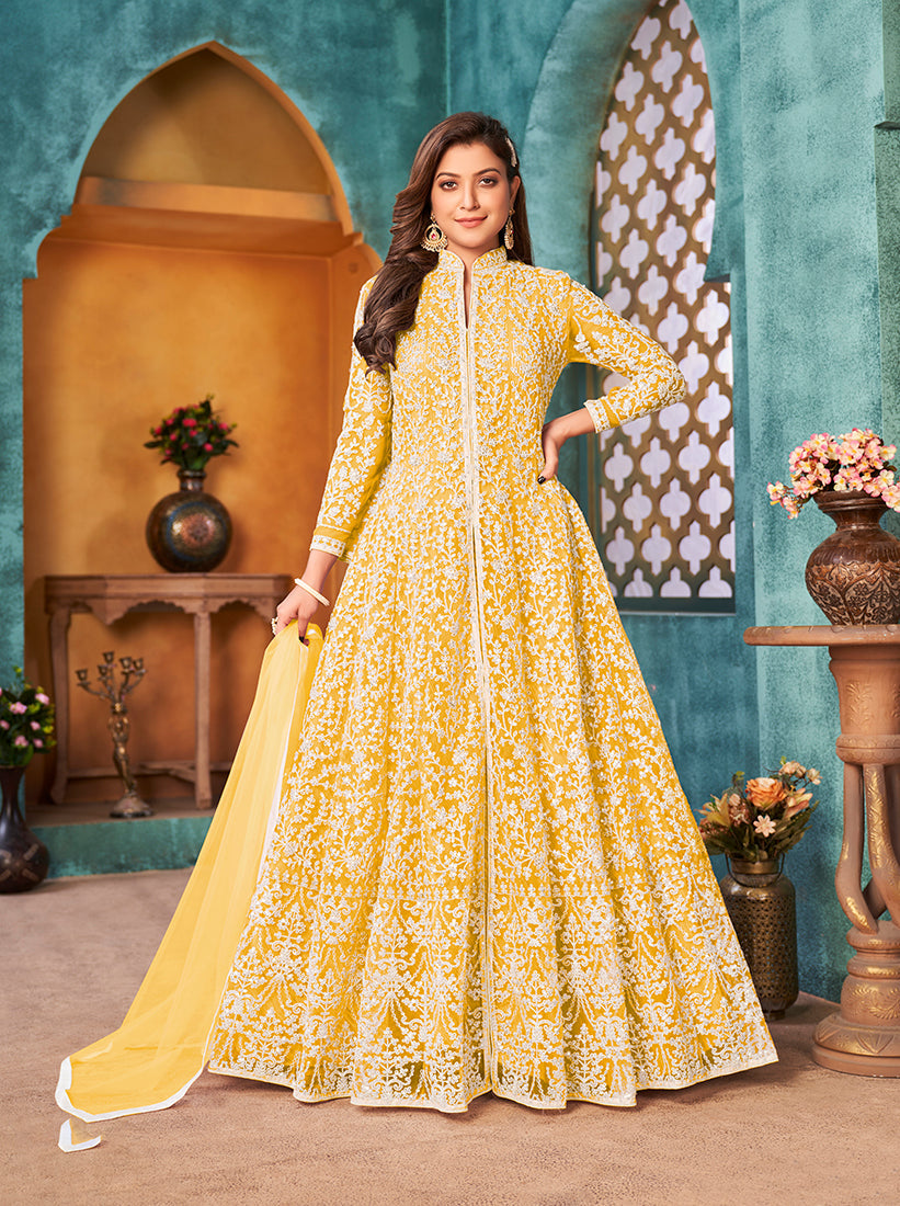 Monjolika Fashion Yellow Color Net Designer Floor Length Suit | Grocsy