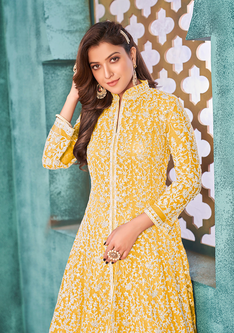 Monjolika Fashion Yellow Color Net Designer Floor Length Suit | Grocsy