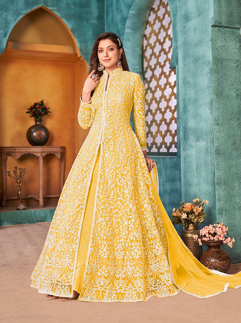 Monjolika Fashion Yellow Color Net Designer Floor Length Suit | Grocsy