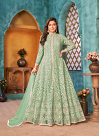 Monjolika Fashion Sea Green Color Net Designer Floor Length Suit | Grocsy
