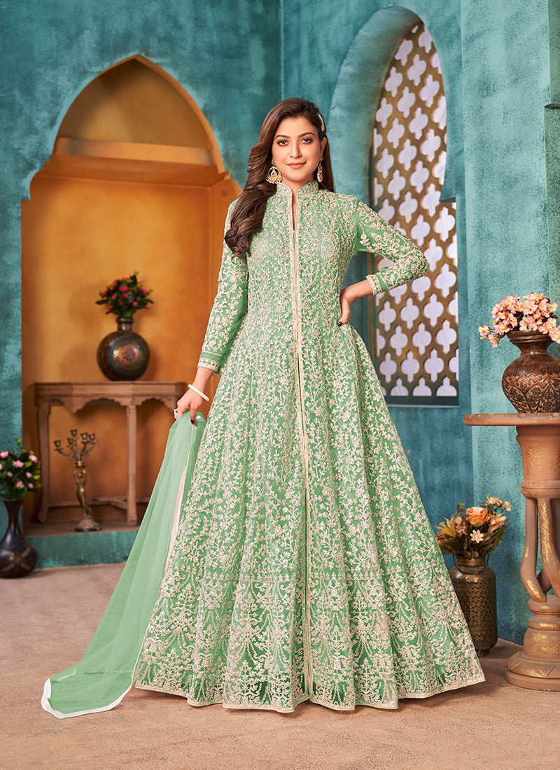 Monjolika Fashion Sea Green Color Net Designer Floor Length Suit | Grocsy