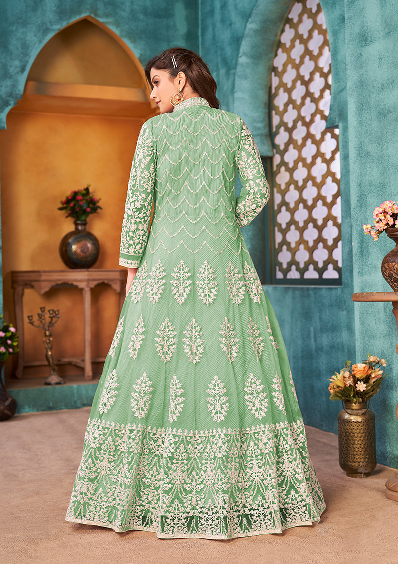 Monjolika Fashion Sea Green Color Net Designer Floor Length Suit | Grocsy