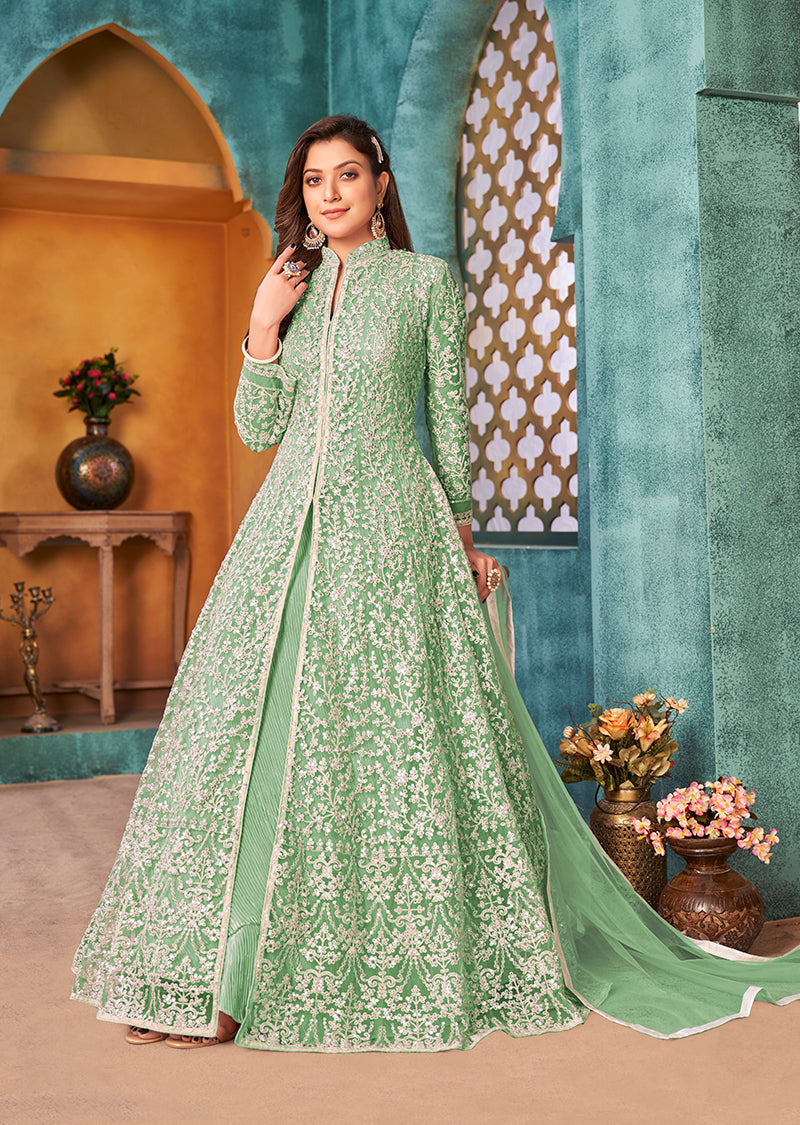 Monjolika Fashion Sea Green Color Net Designer Floor Length Suit | Grocsy