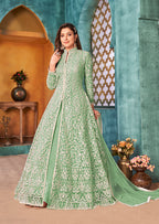 Monjolika Fashion Sea Green Color Net Designer Floor Length Suit | Grocsy