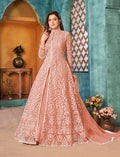 Monjolika Fashion Peach Color Net Designer Floor Length Suit | Grocsy