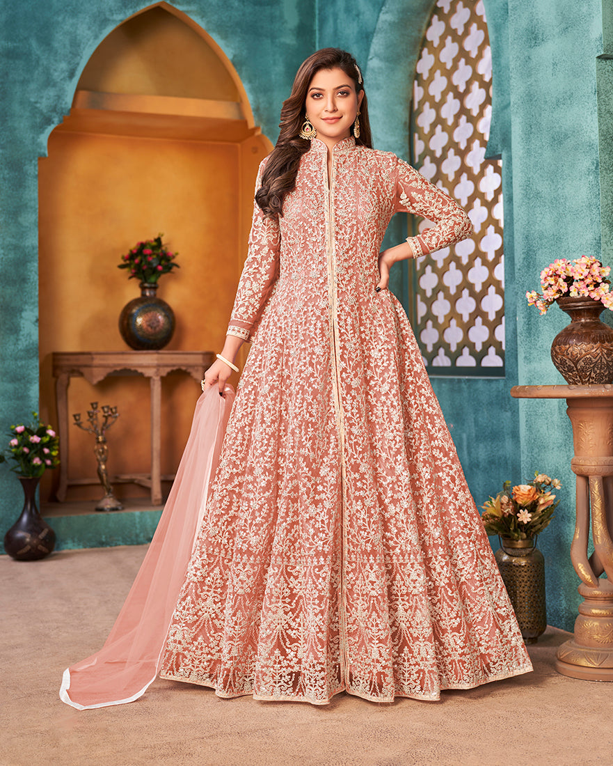 Monjolika Fashion Peach Color Net Designer Floor Length Suit | Grocsy