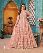 Monjolika Fashion Peach Color Net Designer Floor Length Suit | Grocsy