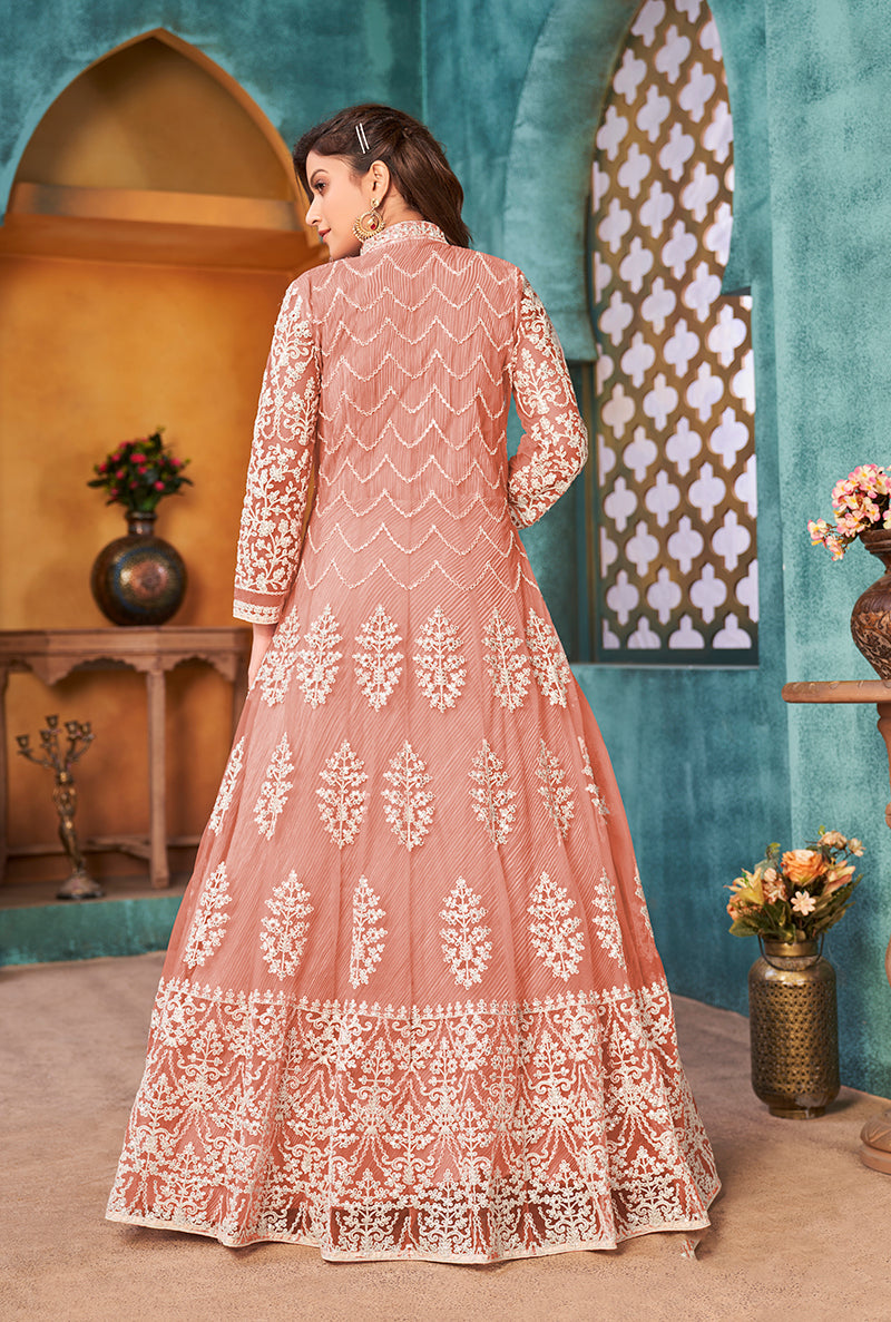 Monjolika Fashion Peach Color Net Designer Floor Length Suit | Grocsy