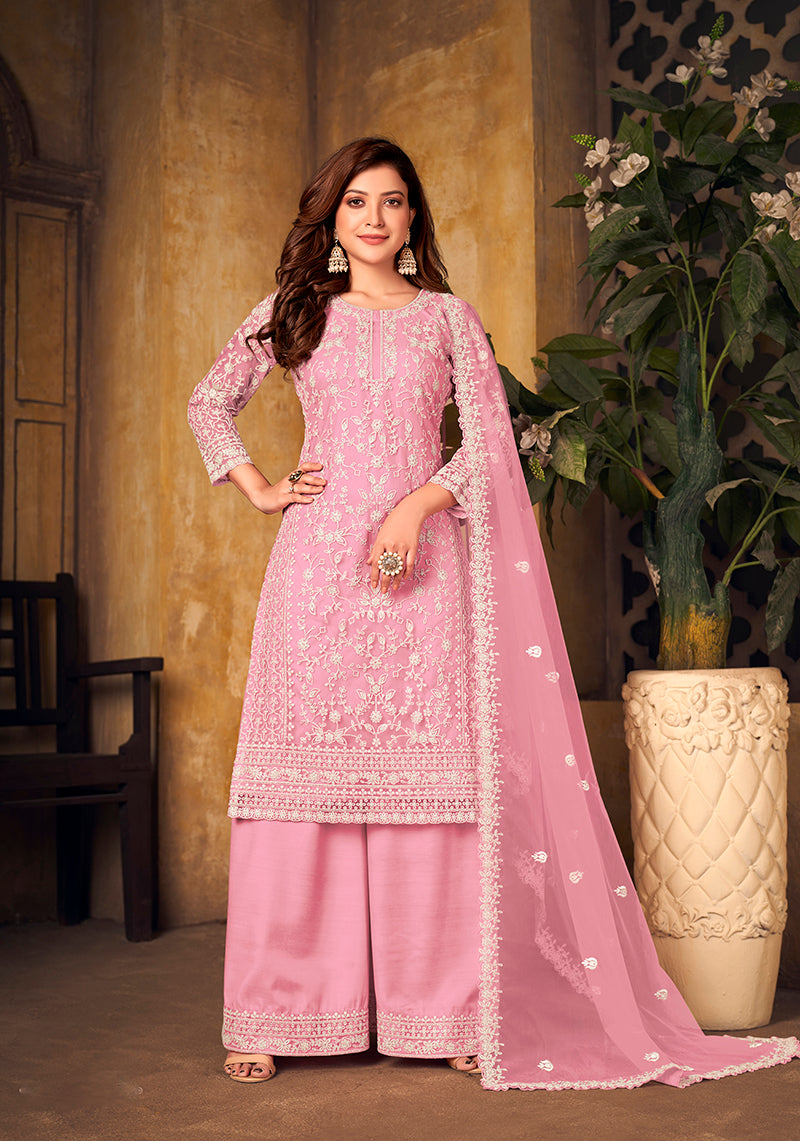 Monjolika Fashion Light Pink Color Net Embroidered Palazzo Suit | Grocsy