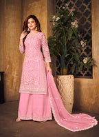 Monjolika Fashion Light Pink Color Net Embroidered Palazzo Suit | Grocsy