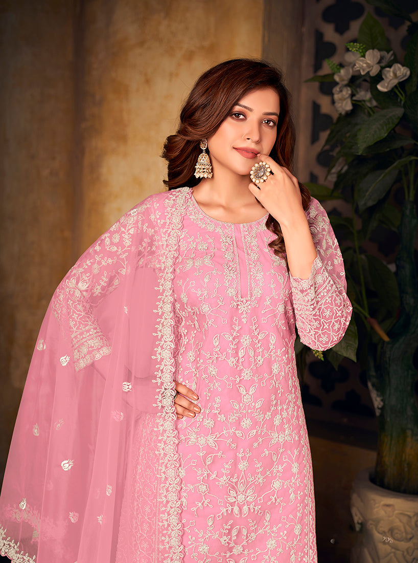 Monjolika Fashion Light Pink Color Net Embroidered Palazzo Suit | Grocsy