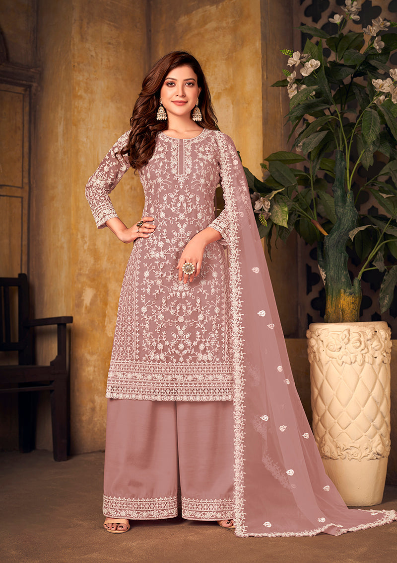 Monjolika Fashion Mauve Color Net Embroidered Palazzo Suit | Grocsy