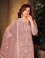 Monjolika Fashion Mauve Color Net Embroidered Palazzo Suit | Grocsy