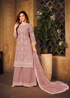 Monjolika Fashion Mauve Color Net Embroidered Palazzo Suit | Grocsy