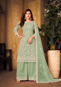 Monjolika Fashion Sea Green Color Net Embroidered Palazzo Suit | Grocsy