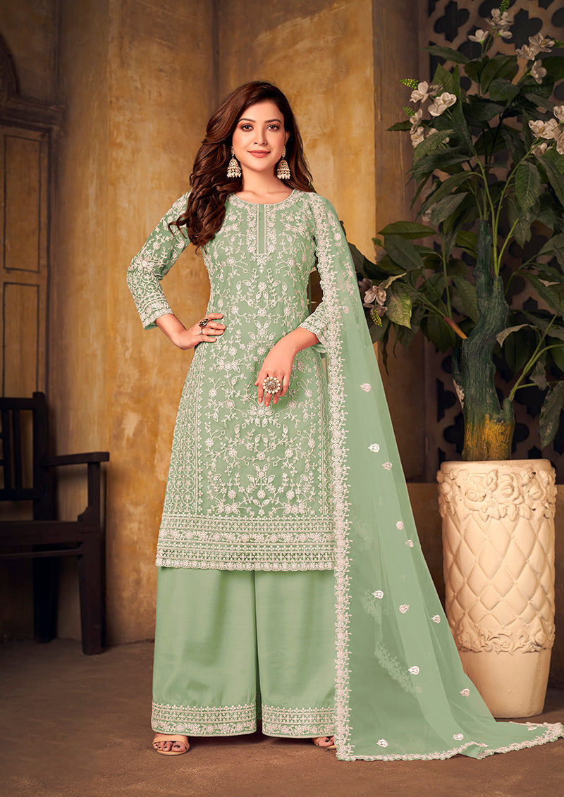 Monjolika Fashion Sea Green Color Net Embroidered Palazzo Suit | Grocsy