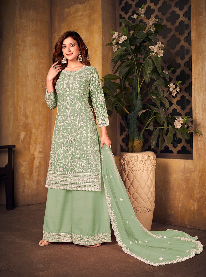 Monjolika Fashion Sea Green Color Net Embroidered Palazzo Suit | Grocsy