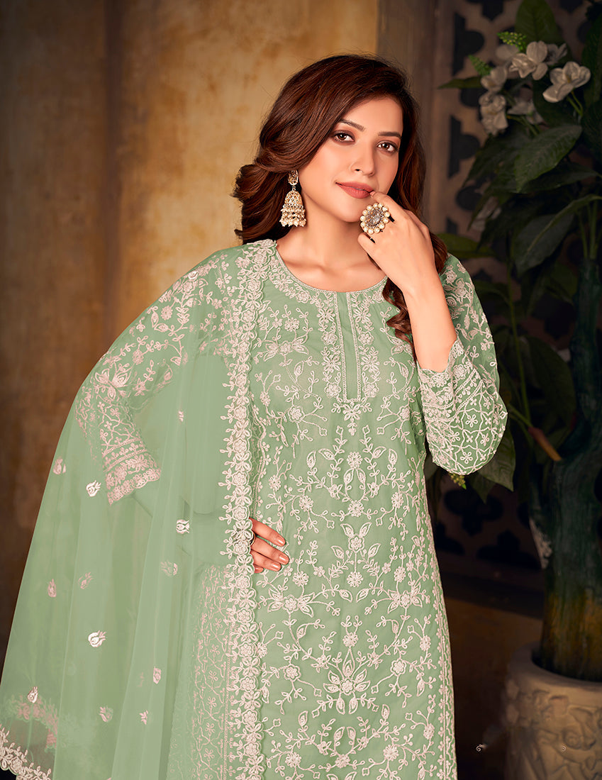 Monjolika Fashion Sea Green Color Net Embroidered Palazzo Suit | Grocsy