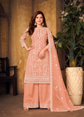 Monjolika Fashion Peach Color Net Embroidered Palazzo Suit | Grocsy