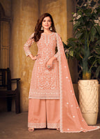 Monjolika Fashion Peach Color Net Embroidered Palazzo Suit | Grocsy