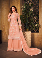 Monjolika Fashion Peach Color Net Embroidered Palazzo Suit | Grocsy