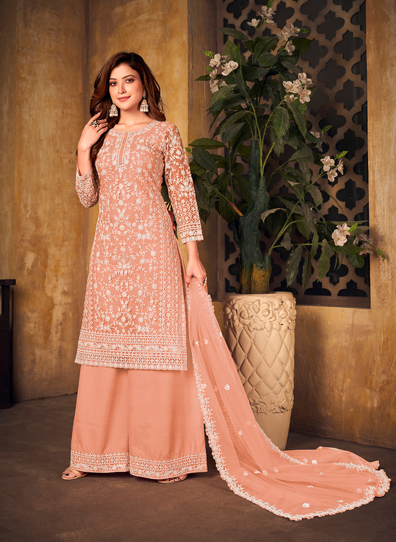 Monjolika Fashion Peach Color Net Embroidered Palazzo Suit | Grocsy