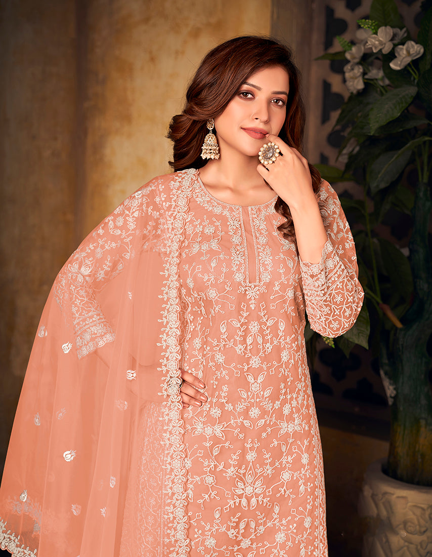 Monjolika Fashion Peach Color Net Embroidered Palazzo Suit | Grocsy