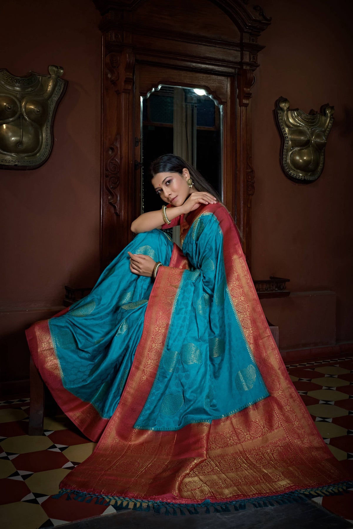 Vardha Crimson Red Golden Zari Banarasi Satin Silk Saree | Grocsy