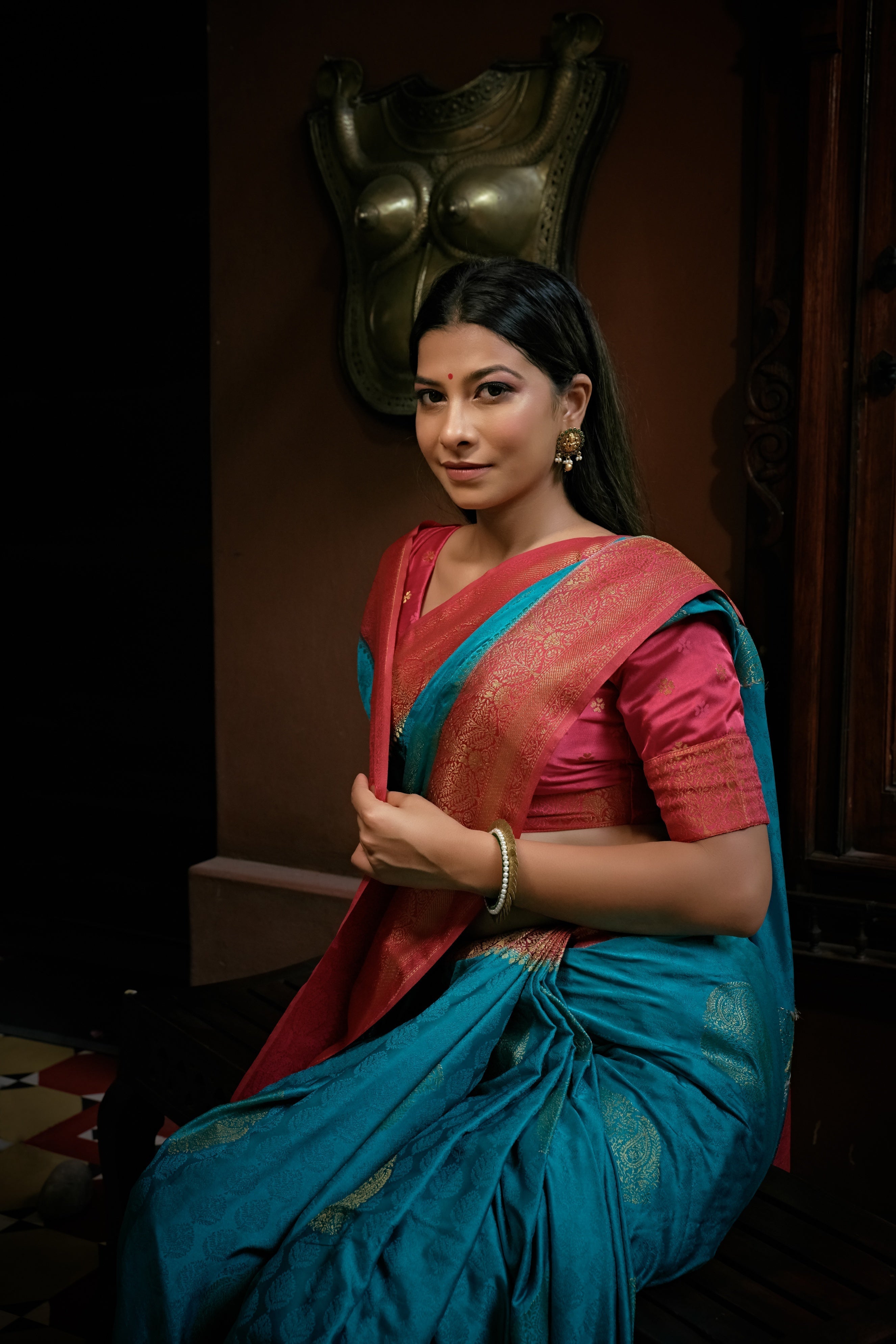 Vardha Crimson Red Golden Zari Banarasi Satin Silk Saree | Grocsy