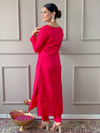 The52 Red Women Embroidered Viscose Kurta Pant and Dupatta set | Grocsy