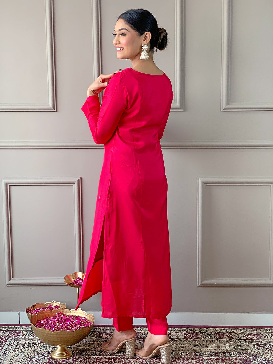 The52 Red Women Embroidered Viscose Kurta Pant and Dupatta set | Grocsy