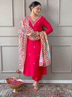 The52 Red Women Embroidered Viscose Kurta Pant and Dupatta set | Grocsy
