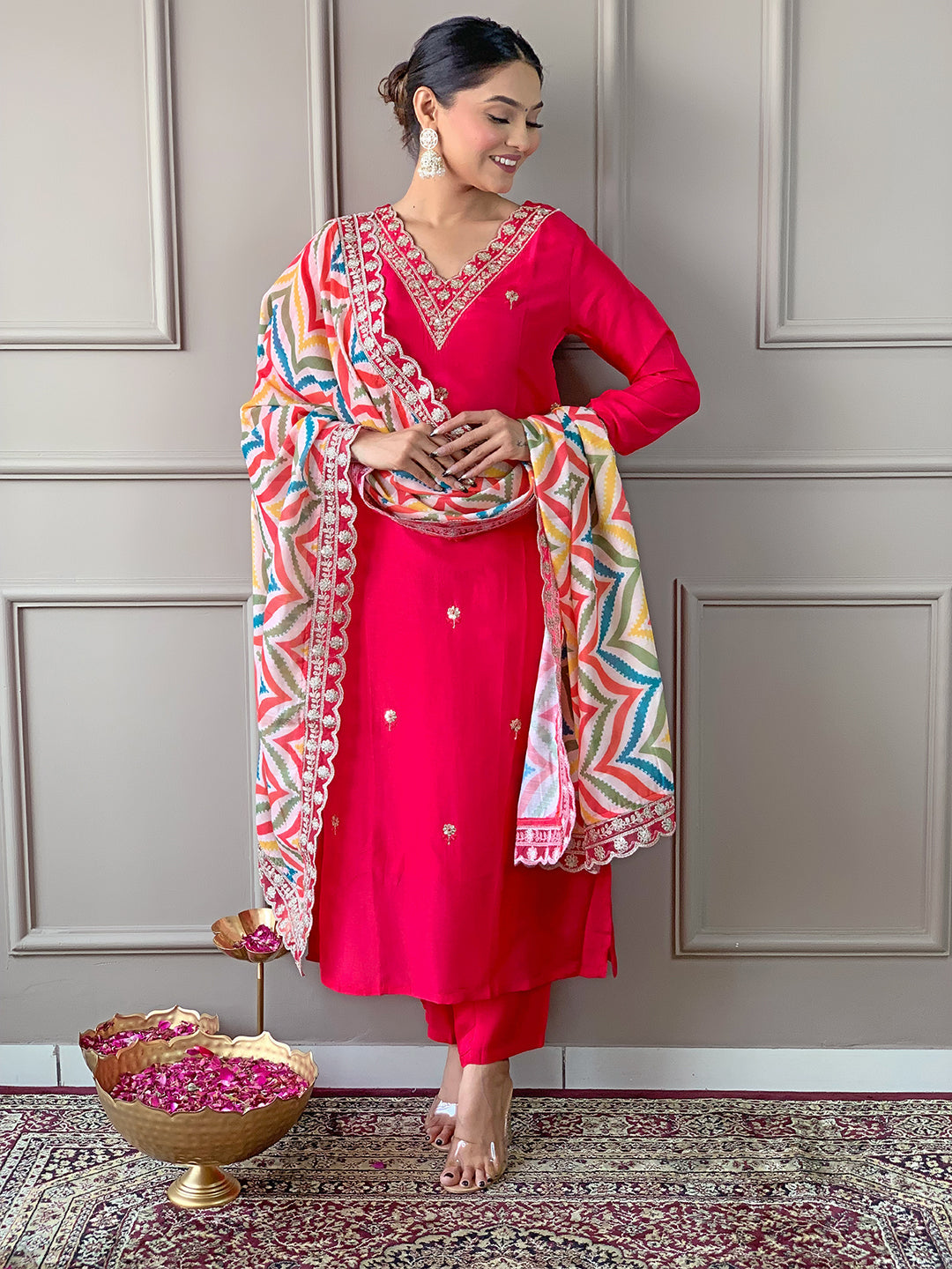 The52 Red Women Embroidered Viscose Kurta Pant and Dupatta set | Grocsy