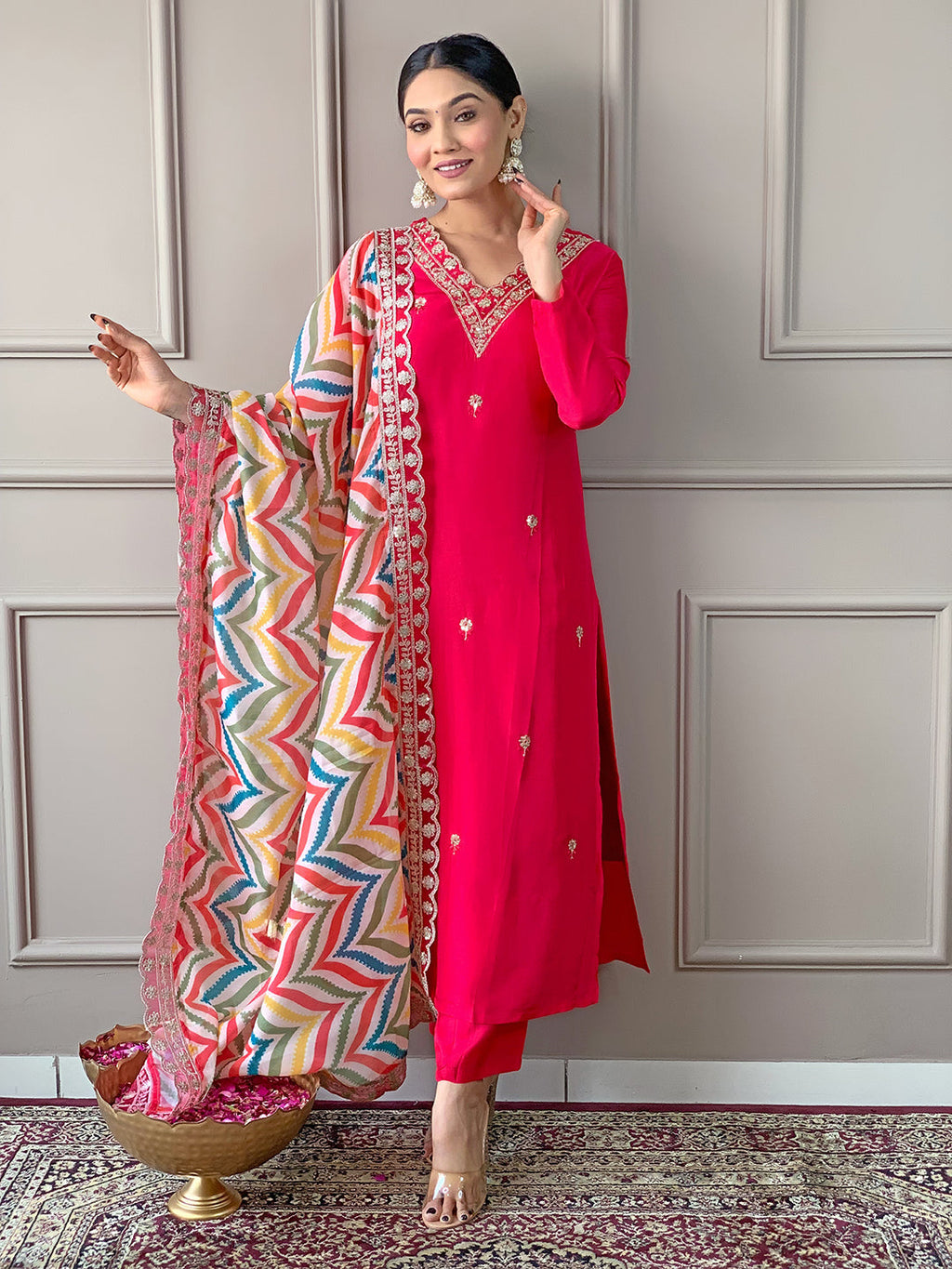 The52 Red Women Embroidered Viscose Kurta Pant and Dupatta set | Grocsy